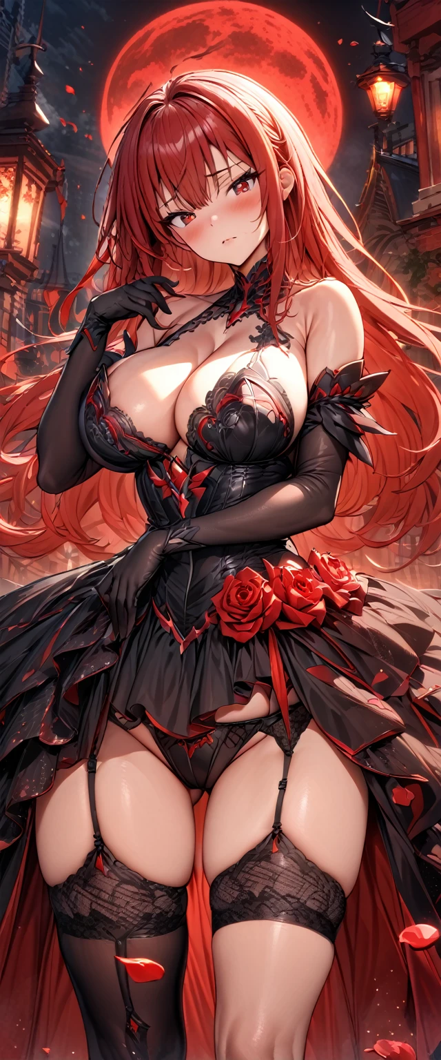 (masterpiece), best quality, expressive eyes, perfect face, elesis, bare shoulders, black gloves,(big breasts:1.3),cleavage,(red and black intricate ball gown :1.4),garter belt,asymmetrical leg wear,thighhigh stockings,blush,red moon scenery,rose petals in the air,(night:1.1),sexy pose,bewitching pose,standing,head tilt,cowboy shot