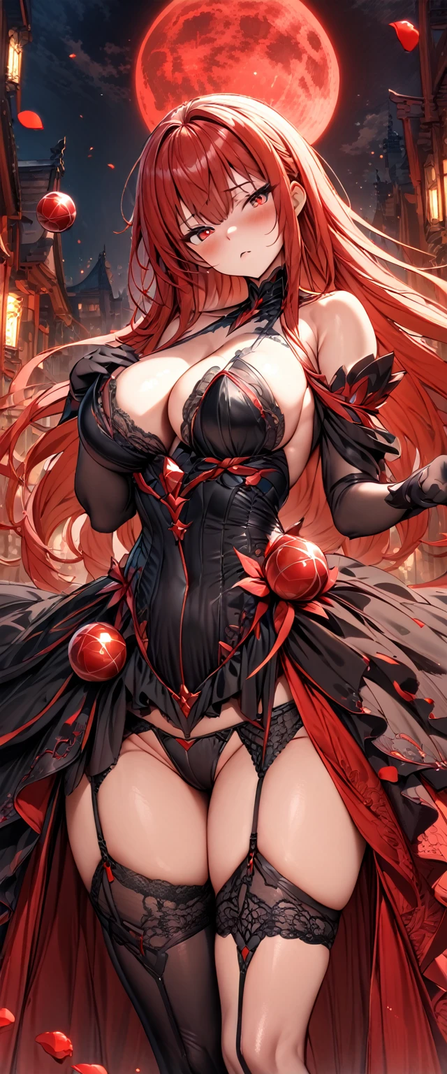 (masterpiece), best quality, expressive eyes, perfect face, elesis, bare shoulders, black gloves,(big breasts:1.3),cleavage,(red and black intricate ball gown :1.4),garter belt,asymmetrical leg wear,thighhigh stockings,blush,red moon scenery,rose petals in the air,(night:1.1),sexy pose,bewitching pose,standing,head tilt,cowboy shot