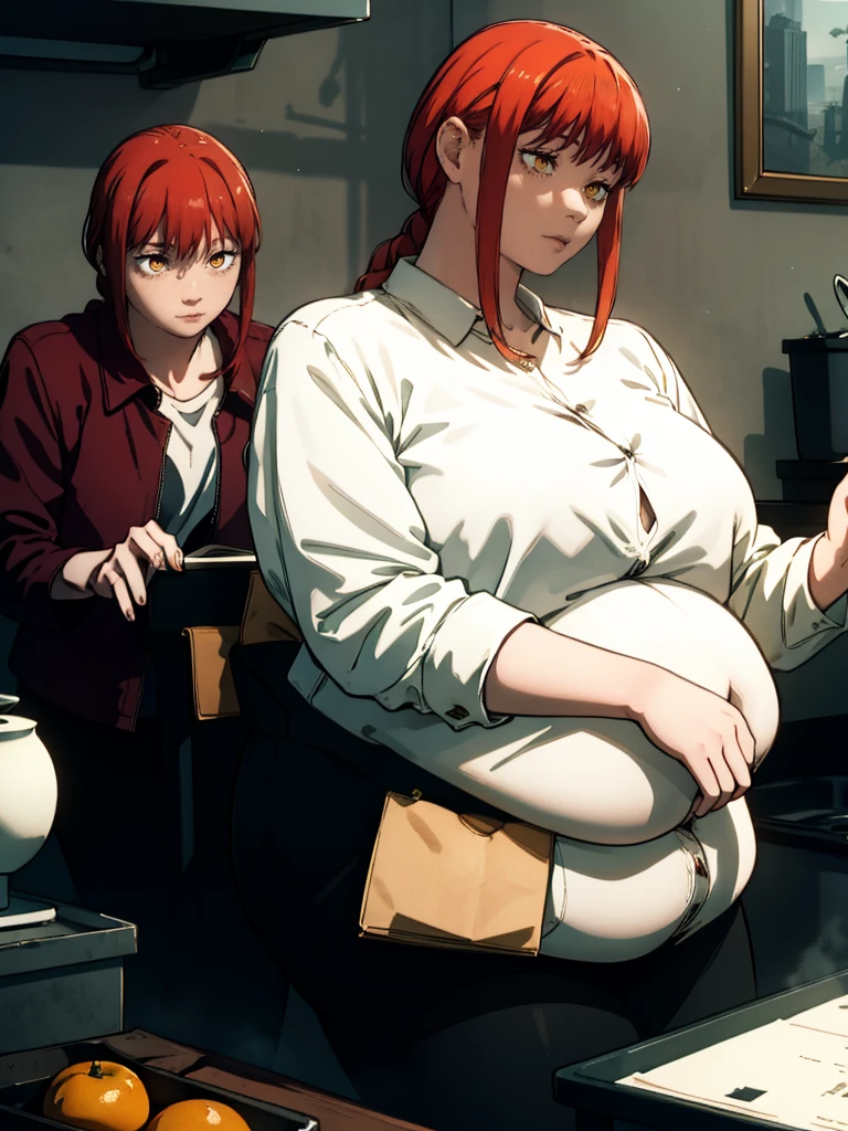 Le personnage Makima de la série animée Chainsaw Man, fragile, obésité morbide, ssbbw, pleine longueur (corps entier 1.1.), fond sombre, obscurité, anatomie correcte 1.1, anatomie correcte de la main, Très féminin, corps gras et rond, grosses Jambes, fesses, beau corps obèse, ventre rond et mou très gras, cheveux roux, Yeux oranges, Cercles rouges pour les écoliers, chemise blanche, jupe noire, cravate noire, pose sexy, réaliste, very détaillé, beau corps, détaillé body, détaillé hands, détaillé, vibrant, détaillé Face, Conception des personnages de Makima. very détaillé, détaillé body, détaillé hands, détaillé Face, Art animé, Hugh Détails, Visage très abattu, détaillé eyes, Illustration ultra fine, Meilleure ombre, détail fin, beautiful détaillé glow, beautiful détaillé, Extraordinairement beau, extremely détaillé, inexpressif, composition épique, Style animé. art animé, Style animé. Jupe noire, chemise blanche, cravatte, pose sexy