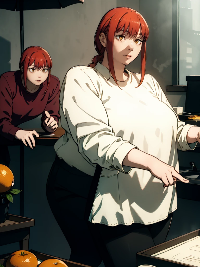 Le personnage Makima de la série animée Chainsaw Man, fragile, obésité morbide, ssbbw, pleine longueur (corps entier 1.1.), fond sombre, obscurité, anatomie correcte 1.1, anatomie correcte de la main, Très féminin, corps gras et rond, grosses Jambes, fesses, beau corps obèse, ventre rond et mou très gras, cheveux roux, Yeux oranges, Cercles rouges pour les écoliers, chemise blanche, jupe noire, cravate noire, pose sexy, réaliste, very détaillé, beau corps, détaillé body, détaillé hands, détaillé, vibrant, détaillé Face, Conception des personnages de Makima. very détaillé, détaillé body, détaillé hands, détaillé Face, Art animé, Hugh Détails, Visage très abattu, détaillé eyes, Illustration ultra fine, Meilleure ombre, détail fin, beautiful détaillé glow, beautiful détaillé, Extraordinairement beau, extremely détaillé, inexpressif, composition épique, Style animé. art animé, Style animé. Jupe noire, chemise blanche, cravatte, pose sexy