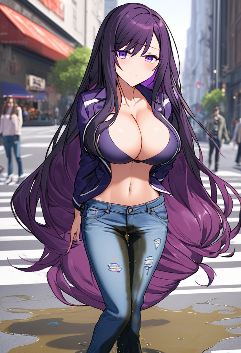 (masterpiece:1.37), best quality, (extremely detailed:1.37), woman, (very long hair:1.5), dark purple hair, purple eyes, (extremely detailed eyes:1.37), (wetting self:1.25), large breasts, stylish jacket, multicolored jackt, jeans, cleavage, navel, city, high-tech, street, full body