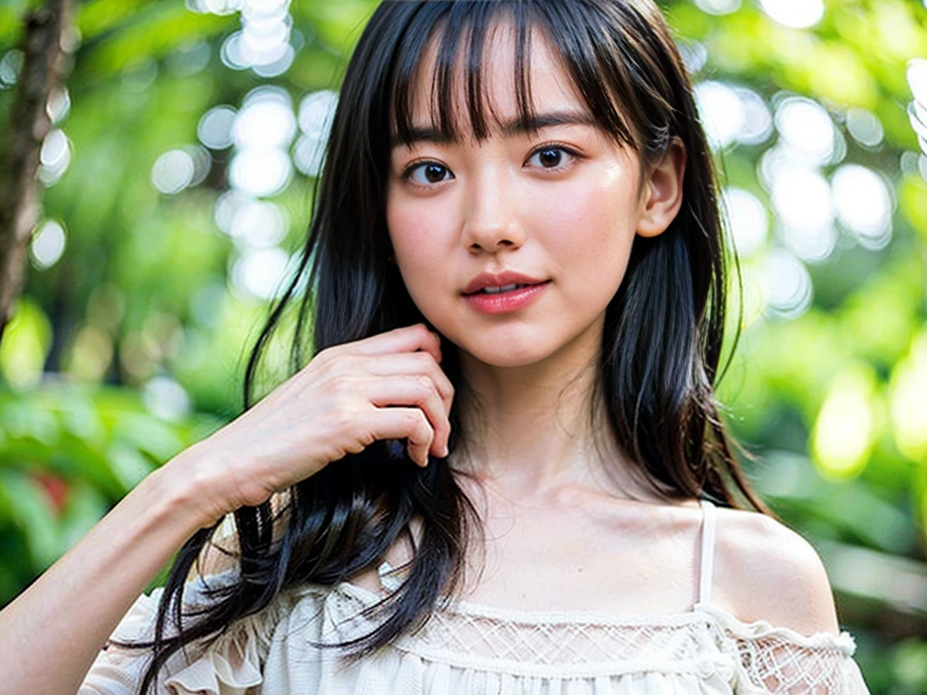 masterpiece, Highest quality, Ultra-high resolution, Fluorescent color,, 1 Girl, Looking at the audience, Beautiful Face, Beautiful Eyes, (Off the shoulder: 1.2), Lift your head, Upper Body, forest, Shiny Hair, Shiny skin, Shining Cut, Little, Adjusting the Finger Ratio