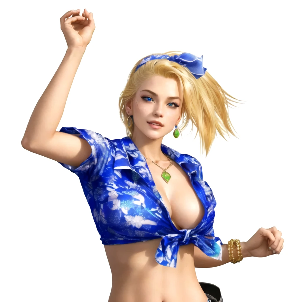 a close up of a blonde girl with a shirt, rejoycing pose, she's American, blue eyes, as a character in Out Run 2, of SEGA, 3D CG, Clarissa, 2k, 2 k, she has THREE GOLD simple round bracelets on her left wrist, she has mouth wide open as to joyfully shout "hooray!", realistic, render of april, fighting game character, nina from tekken, shirt has some hawaiaan motif on it, she has a foulard tied over her head like a ribbon, she wears no bra, she has a golden necklace with a jade stone, jade drop earrings