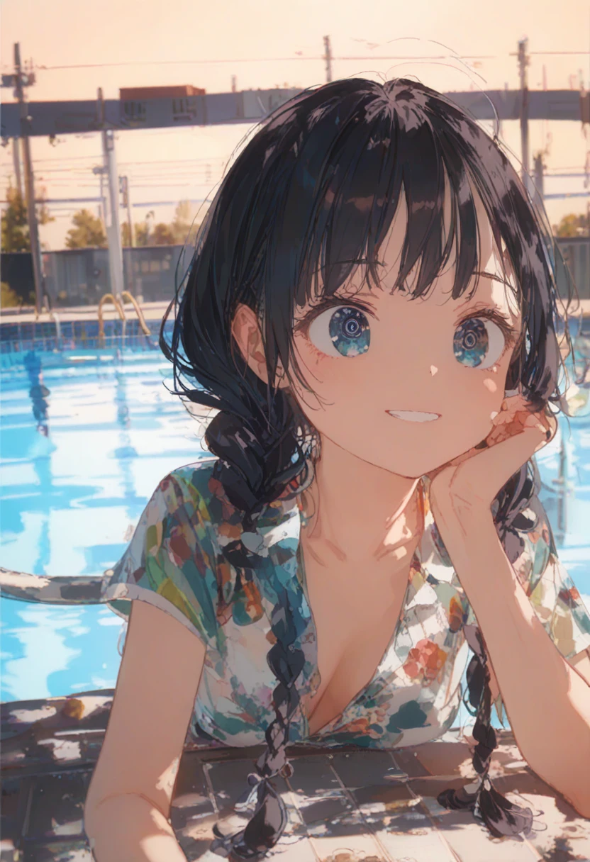1 Female\(prince,cute,cute,20-year-old,Long braids,Black Hair,Eye color: Ocean blue,、Neon color、Big eyes,Dynamic pose,,Loose-lipped,Wearing a beautiful lace dress,Poolside、Shiny Pool、My reflection in the pool with the sun reflecting off,Scared,Playfully、panic、smile、Bitter smile、Confused,(Grab her throat),avert your eyes,look up\), BREAK ,background\(city,coastal\), BREAK ,quality\(8K,Highly detailed CG unit wallpaper, masterpiece,High resolution,top-quality,top-quality real texture skin,surreal,Increase the resolution,RAW Photos,highest quality,Very detailed,wallpaper,Cinema Lighting,Ray-tracing,Golden Ratio\),[Browsing Caution]