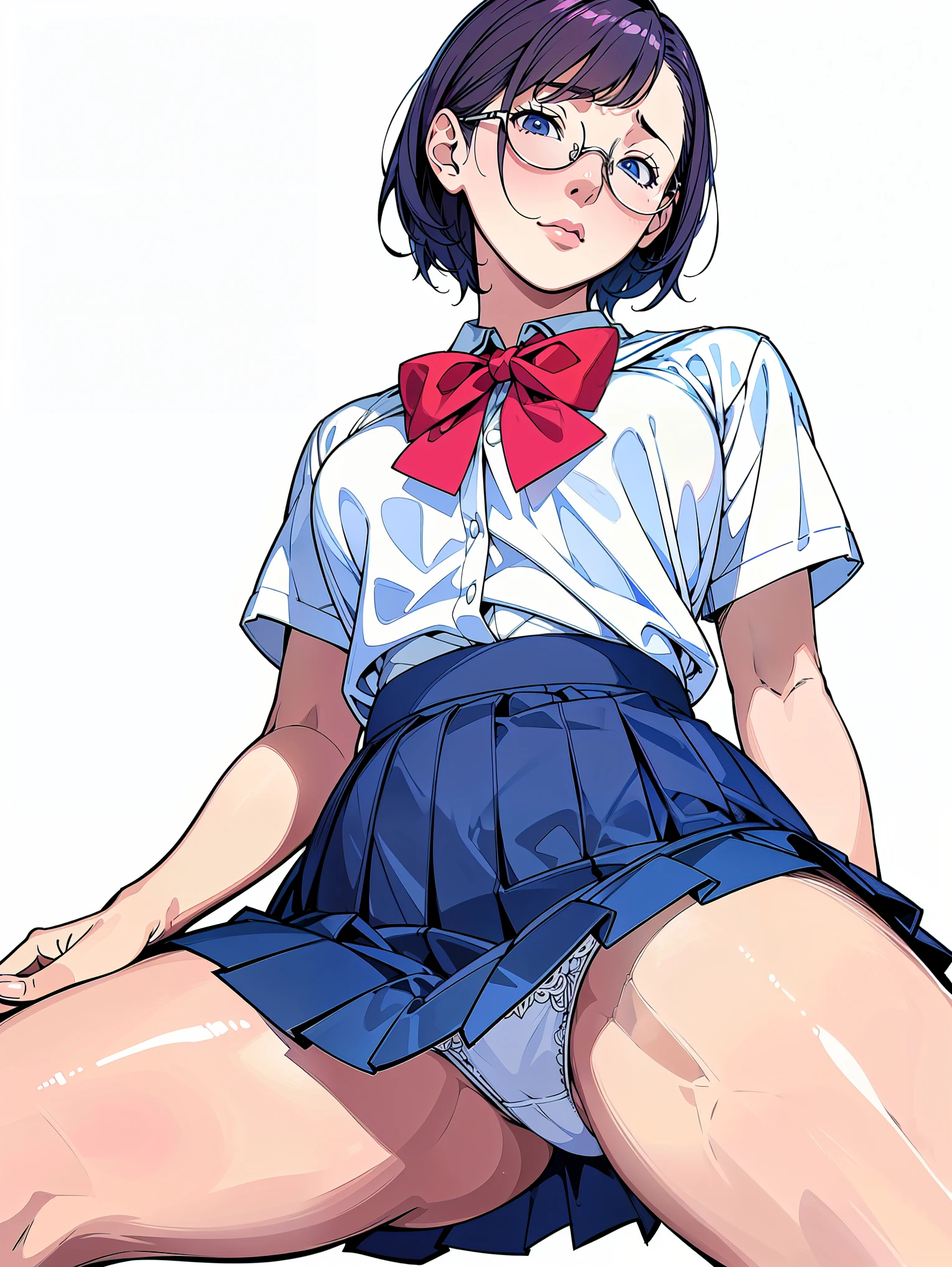 (Highest quality、masterpiece、、Highest quality、Hyperrealism、Ultra HD)、 (short hair:1.1)、(Elegant round glasses:1.2)、(A high school girl wearing a white blouse and a navy blue skirt:1.2)、(Navy Pleated Skirt:1.2)、(Red bow tie on chest:1.1)、Perfect Style、Perfect body line、Large 、Perfect beautiful anime style、Smooth anime CG art、Standing Elegantly、(The simplest pure white background:1.2)、(Pantiesrom below:1.3)、Spread yours、(Open your crotch to show your panties:1.2)、Embarexpression、blush、Naturally beautiful thighs、The most natural navy pleated skirt