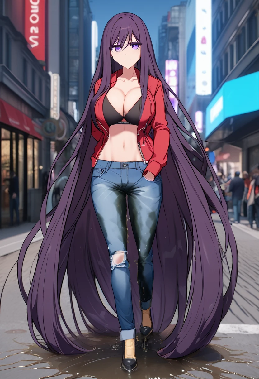 (masterpiece:1.37), best quality, (extremely detailed:1.37), woman, (very long hair:1.5), dark purple hair, purple eyes, (extremely detailed eyes:1.37), (wetting self:1.25), large breasts, stylish jacket, multicolored jackt, jeans, cleavage, navel, city, high-tech, street, full body