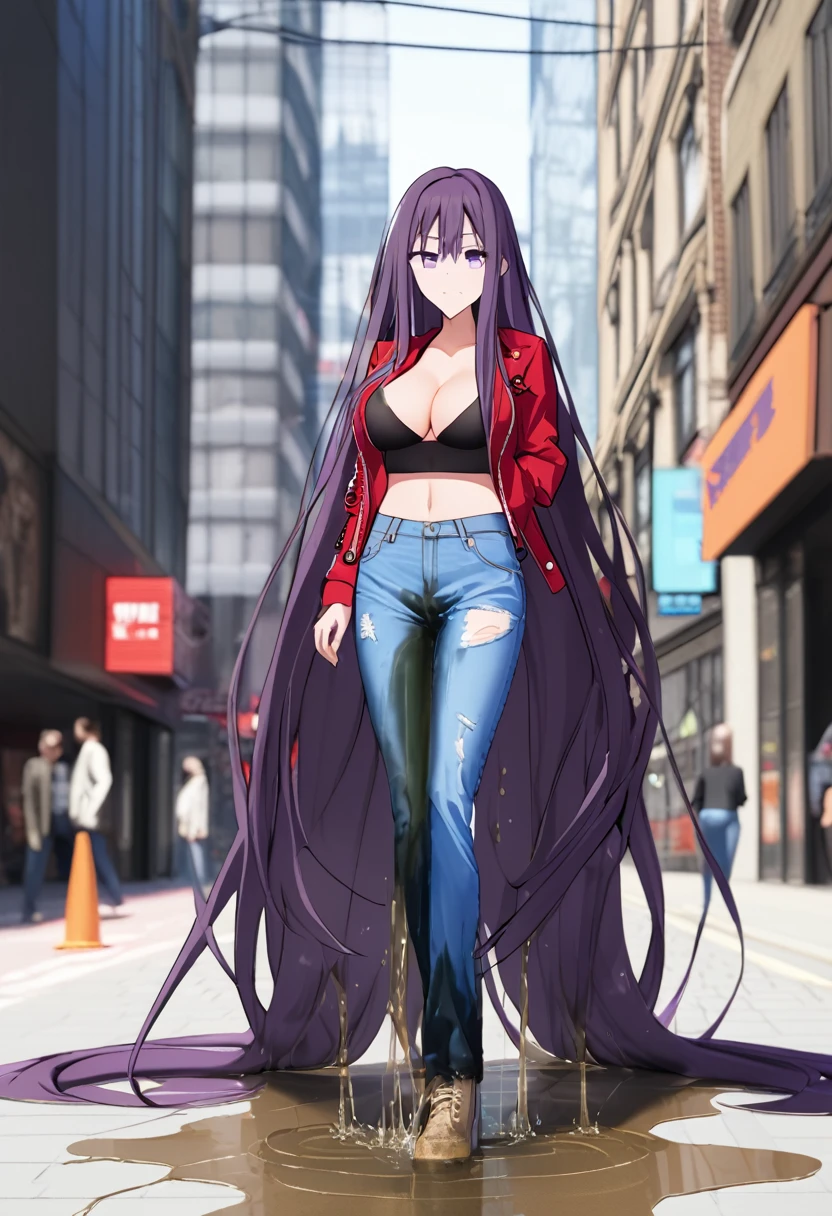 (masterpiece:1.37), best quality, (extremely detailed:1.37), woman, (very long hair:1.5), dark purple hair, purple eyes, (extremely detailed eyes:1.37), (wetting self:1.25), large breasts, stylish jacket, multicolored jackt, jeans, cleavage, navel, city, high-tech, street, full body