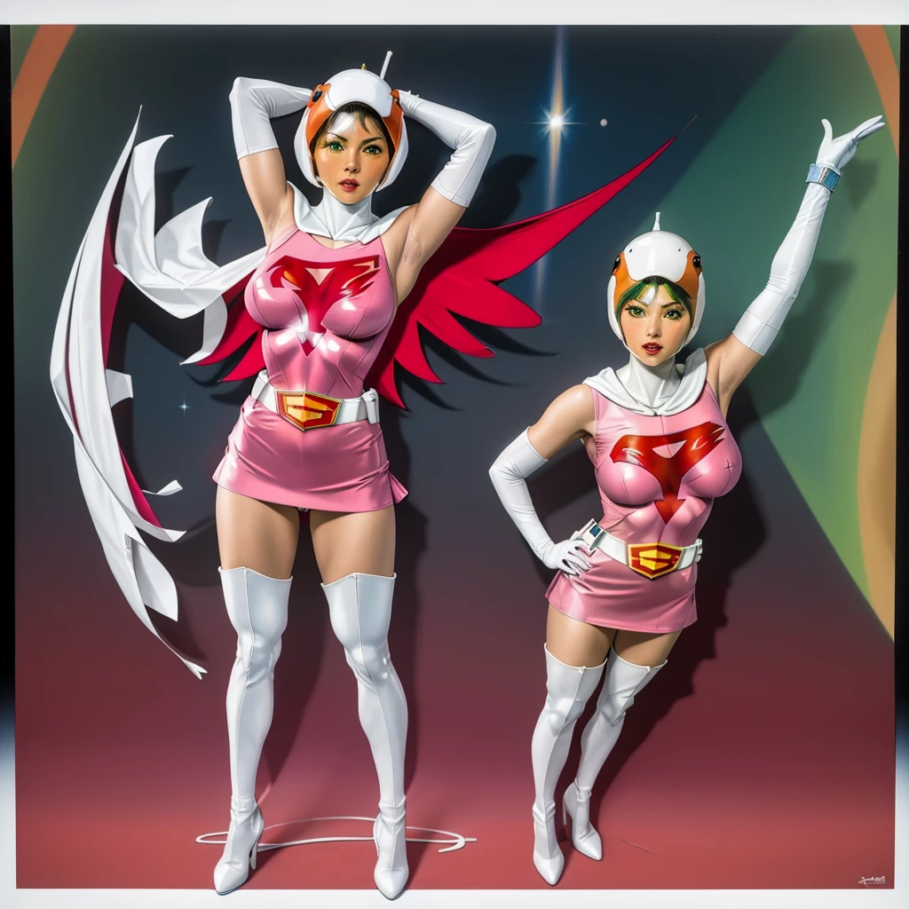 ANI_CLASSIC_jun_gatchaman_ownwaifu,1girl, ,good anatomy, masterpiece, best quality,realistic, hyperrealistic, 16k hdr,breasts,green eyes,lips,large breasts,lipstick,makeup,gloves,cape,helmet,belt,elbow gloves,white gloves,mask,ultra miniskirt,leotard,spacesuit,white tight overknee highheels boots,pink dress,superhero,bodysuit,cleavage,erected nipples,((standing pose,spread legs, arms up straight)),cameltoe