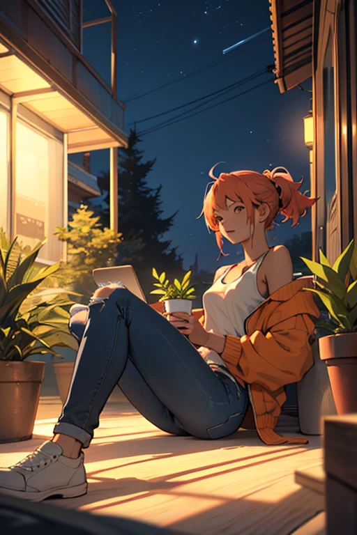 25-year-old anime girl in a white tank top, tight blue jeans and a short denim jacket in a landscape of a luxurious apartment with an orange cat on her lap and night view with a cup of tea in hand and playing with a ball of wool and a plant in the corner