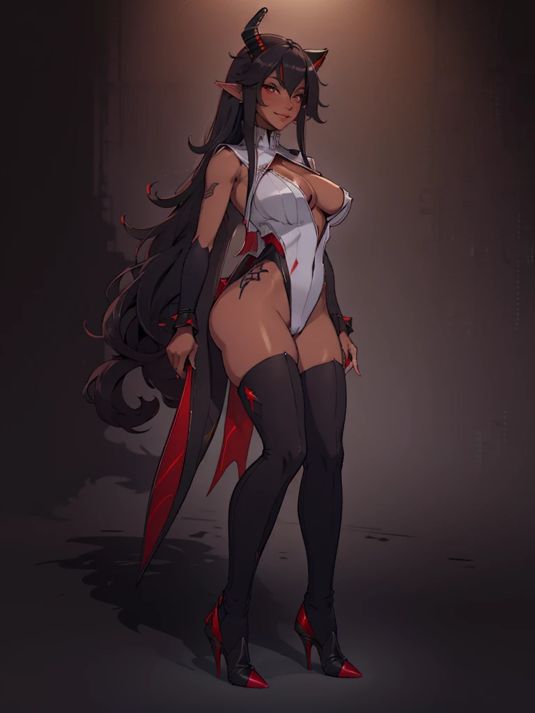 copper skin, shiny skin, black hair, hair bobbles, longeyelashes, cat eyes, slit pupils, cat pupils, light smile, black ram horns, large horns, ram horns, black horns, fang, accurate, long dark hair, long hair, very long hair, black hair, dark purple hair, red eyes, hair over shoulder, straight hair, glowing eyes, makeup, thick eyeliner, dark eyeliner, glossy black lipstick, sharp ears, pointed ears, light smile, smug, full blush, Surrealism, drop shadow, anaglyph, stereogram, tachi-e, pov, atmospheric perspective, 8k, super detail, best quality, high details, high quality, highres, award winning, best quality, large, wearing a black and red tuxedo, black and red outfit, tuxedo, thigh high boots, high heels, large , cleavage,tan, dark skin, thick thighs, strong thighs, white fur trim, full body, fantasy city background, with a seductive look