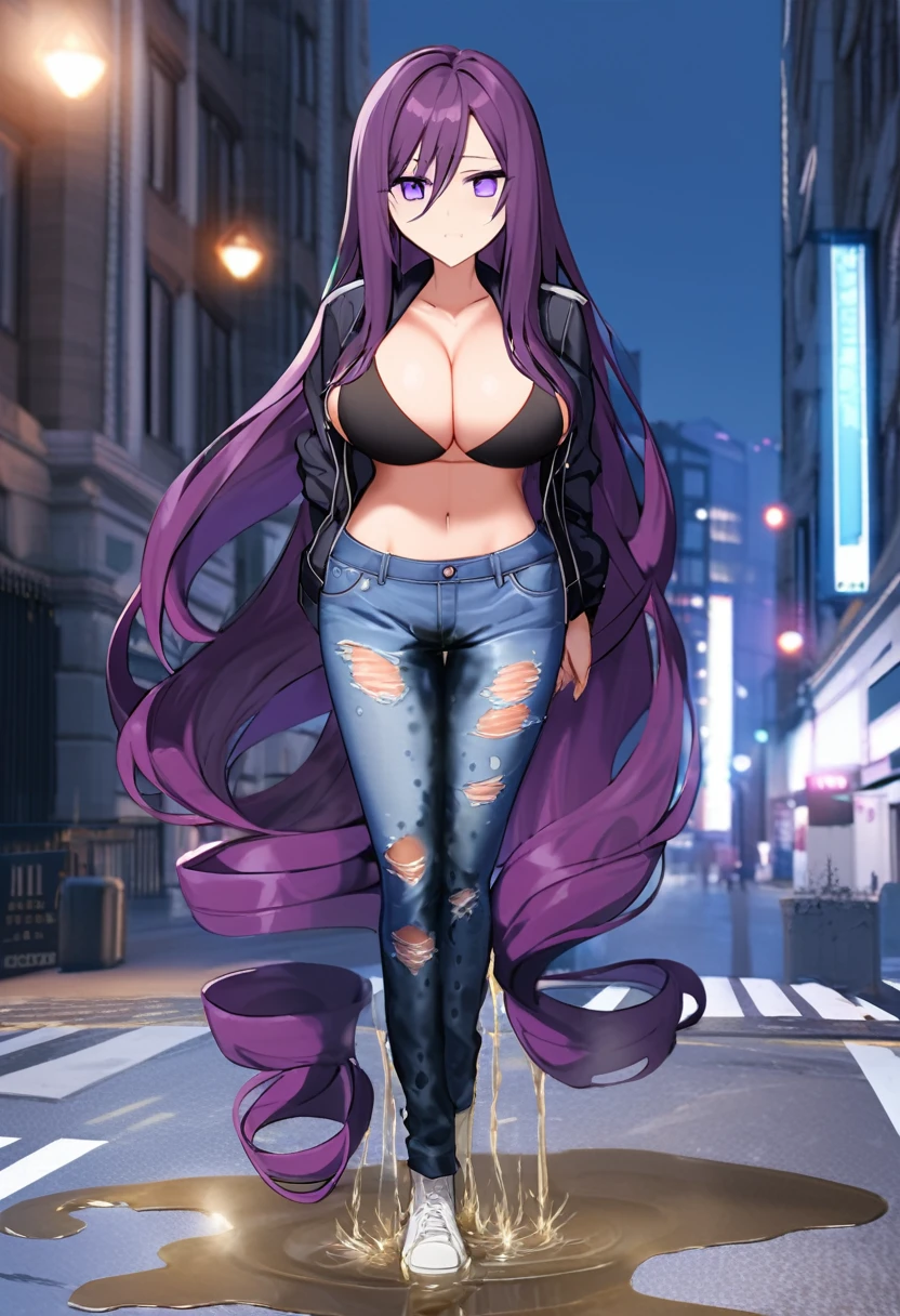 (masterpiece:1.37), best quality, (extremely detailed:1.37), woman, (very long hair:1.5), dark purple hair, purple eyes, (extremely detailed eyes:1.37), (wetting self:1.25), large breasts, stylish jacket, multicolored jackt, jeans, cleavage, navel, city, high-tech, street, full body