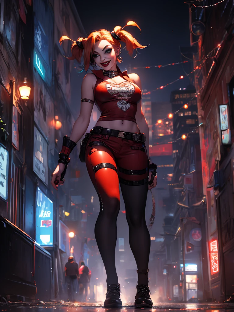 Harley Quinn full body  in the street, (masterpiece, best quality, highres, ultra detailed ), night , depth of field with a smile face
