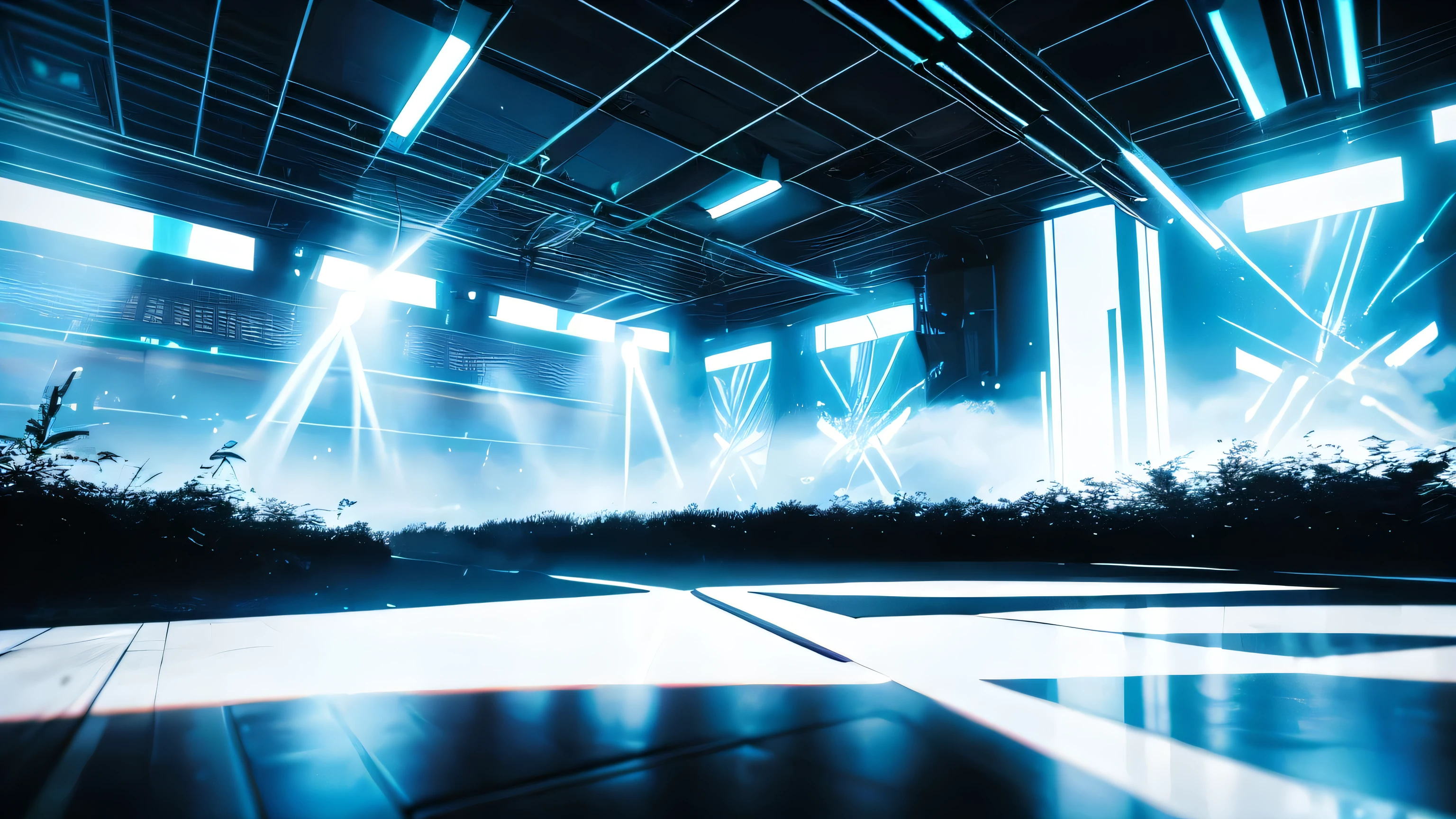 environment inspired by Eric Prydz Opus live visuals, dark low lying fog, high contrast