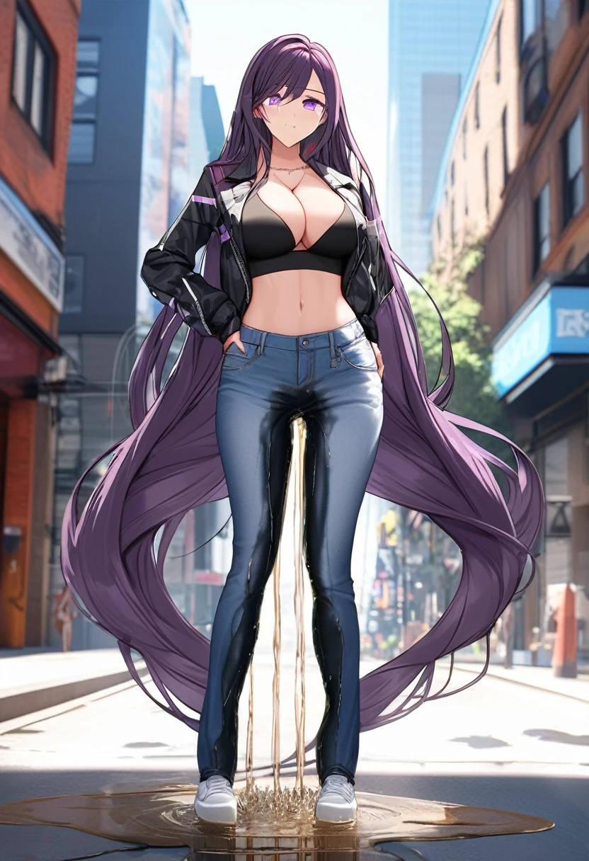 (masterpiece:1.37), best quality, (extremely detailed:1.37), woman, (very long hair:1.5), dark purple hair, purple eyes, (extremely detailed eyes:1.37), (wetting self:1.25), large breasts, stylish jacket, multicolored jackt, jeans, cleavage, navel, city, high-tech, street, full body