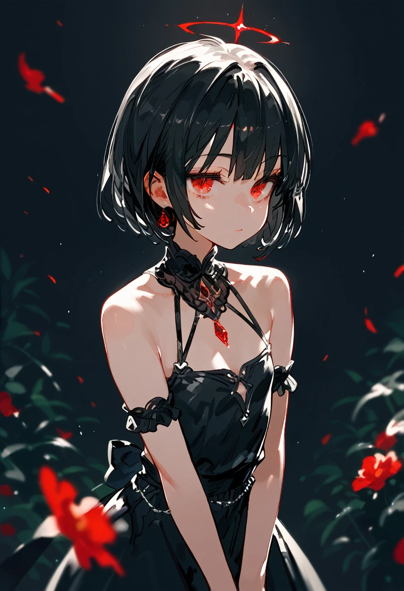 Black hair, red eyes, black dress, lowering her arms