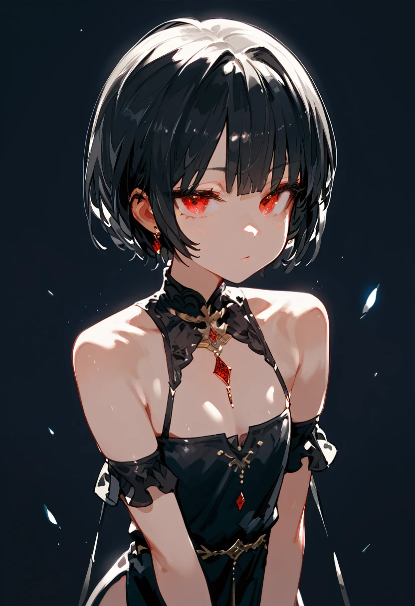 Black hair, red eyes, black dress, lowering her arms