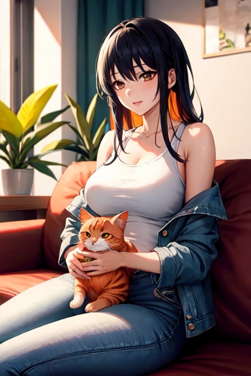 25-year-old anime girl in a white tank top, tight blue jeans and a short denim jacket in a landscape of a luxurious apartment with an orange cat on her lap and night view with a cup of tea in hand and playing with a ball of wool and a plant in the corner