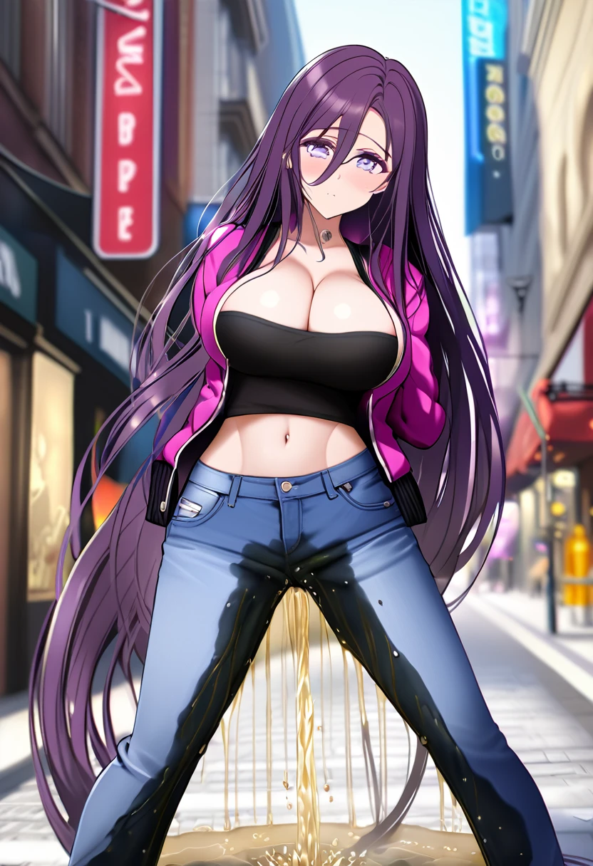 (masterpiece:1.37), best quality, (extremely detailed:1.37), woman, (very long hair:1.5), dark purple hair, purple eyes, (extremely detailed eyes:1.37), (wetting self:1.25), large breasts, stylish jacket, multicolored jackt, jeans, cleavage, navel, city, high-tech, street, full body