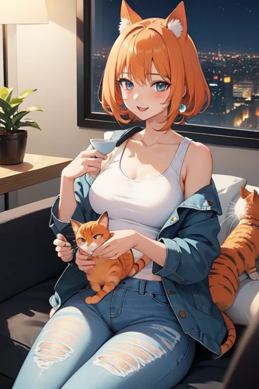 25-year-old anime girl in a white tank top, tight blue jeans and a short denim jacket in a landscape of a luxurious apartment with an orange cat on her lap and night view with a cup of tea in hand and playing with a ball of wool and a plant in the corner
