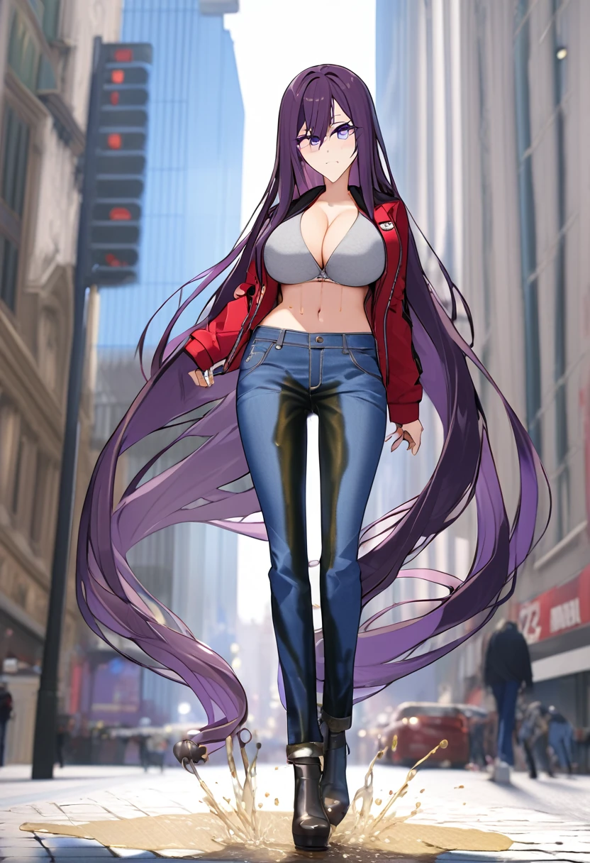 (masterpiece:1.37), best quality, (extremely detailed:1.37), woman, (very long hair:1.5), dark purple hair, purple eyes, (extremely detailed eyes:1.37), (wetting self:1.25), large breasts, stylish jacket, multicolored jackt, jeans, cleavage, navel, city, high-tech, street, full body