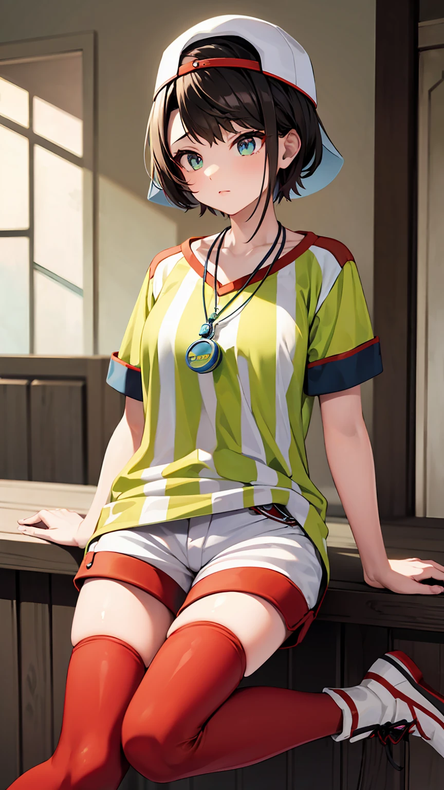 ((masterpiece)), (Highest quality),subaru_Sports, Striped shirt, White shorts, Baseball cap, whistle, Red legwear, White legwear, Mismatched legwear,whole body, alone