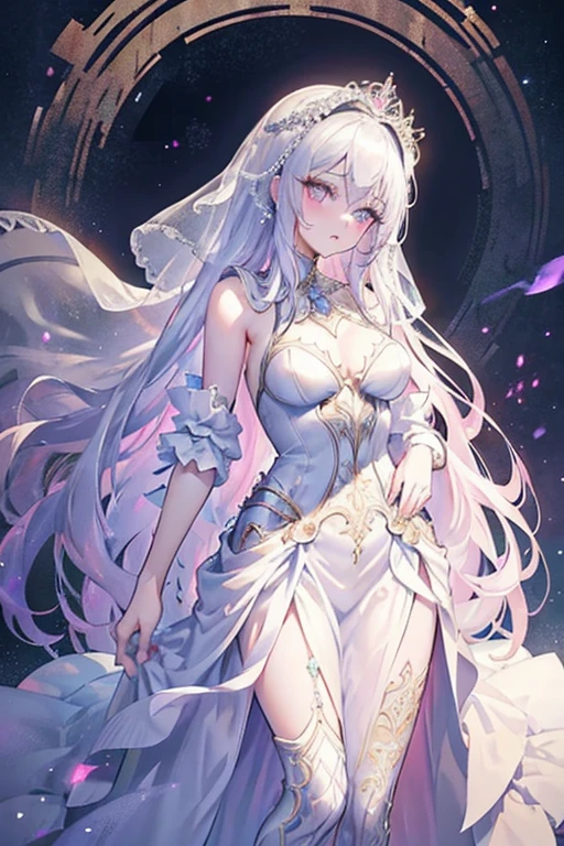 Silver braided hair, light pink eyes, dark pink heart pupil, 21 years old, Pale skin, Female, Hour glass body w/ pale skin, Diamond & silver crown, white dress with a veil, detailed fashion illustration, intricate costume design, intricate gown, robe. extremely high details, ornate gown, gown, fantasy long intricate gown, an intricate dress, fashion concept art, extravagant dress, long flowing intricate dress, fashion design, dressed beautiful gown, high fashion design, long luxurious grey intricate gown, detailed dress
