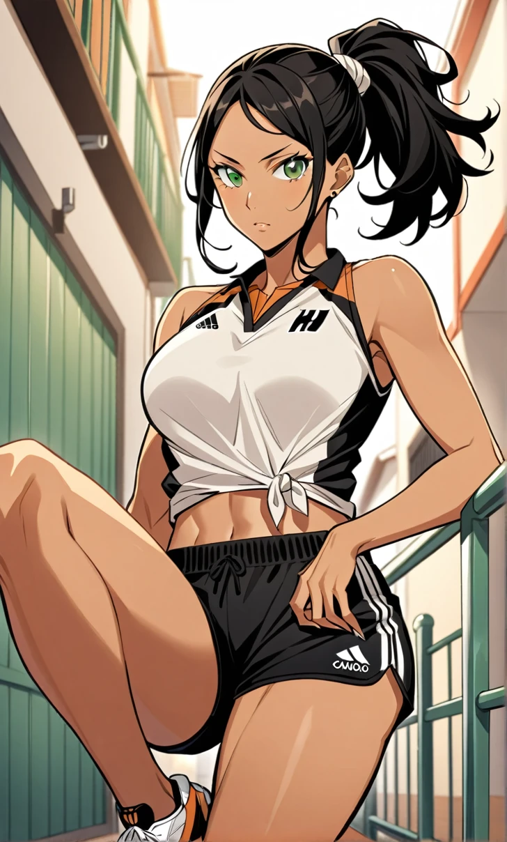 Woman, Athletic and toned body, light skin tone, long black hair tied in a ponytail, green eyes with a penetrating and seductive look, breasts big, neckleace, FROM COASTS TO A CAMERA, shorts curto, haikyuu, comic style