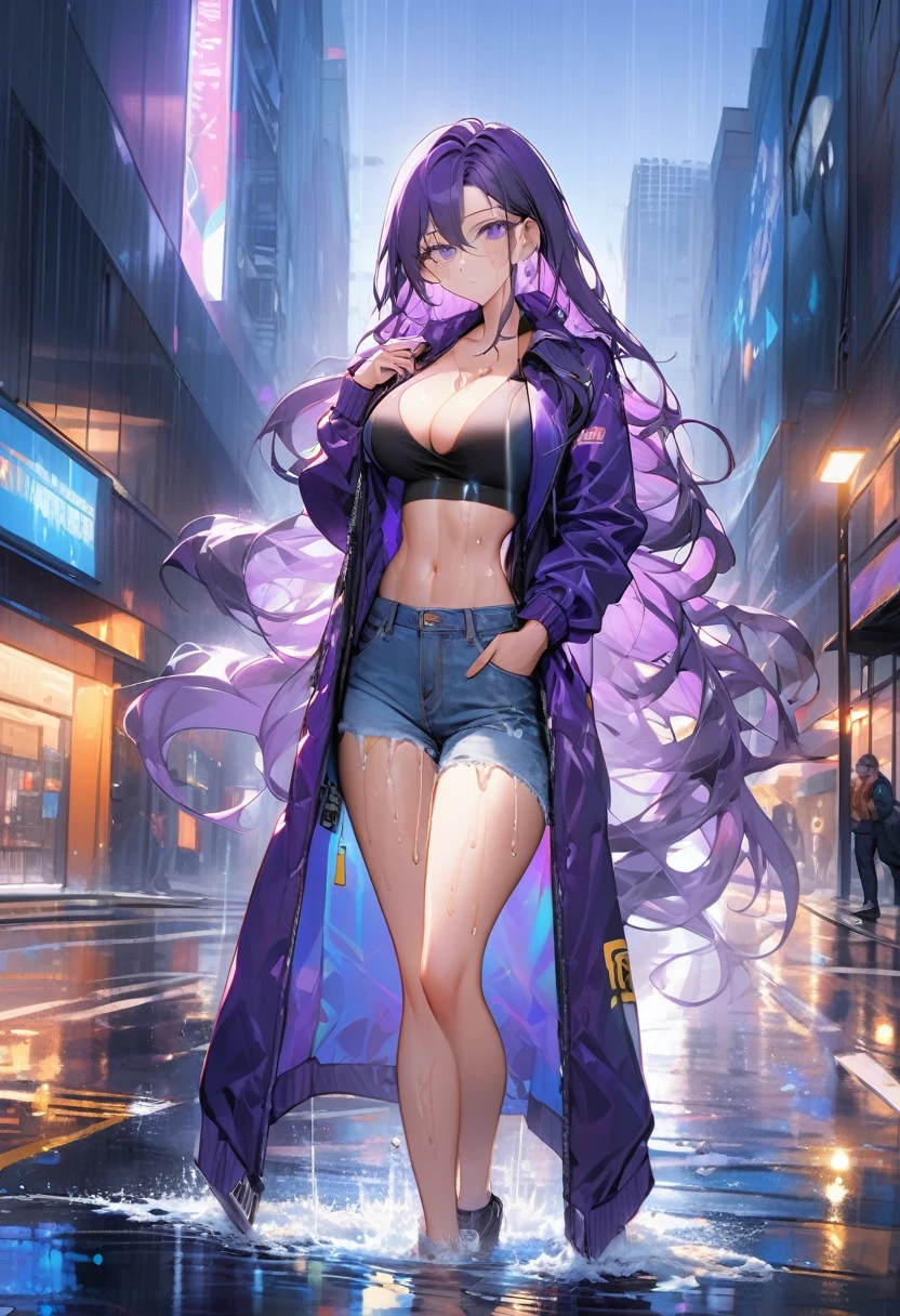 (masterpiece:1.37), best quality, (extremely detailed:1.37), woman, (very long hair:1.5), dark purple hair, purple eyes, (extremely detailed eyes:1.37), (wetting self:1.25), large breasts, stylish jacket, multicolored jackt, jeans, cleavage, navel, city, high-tech, street, full body