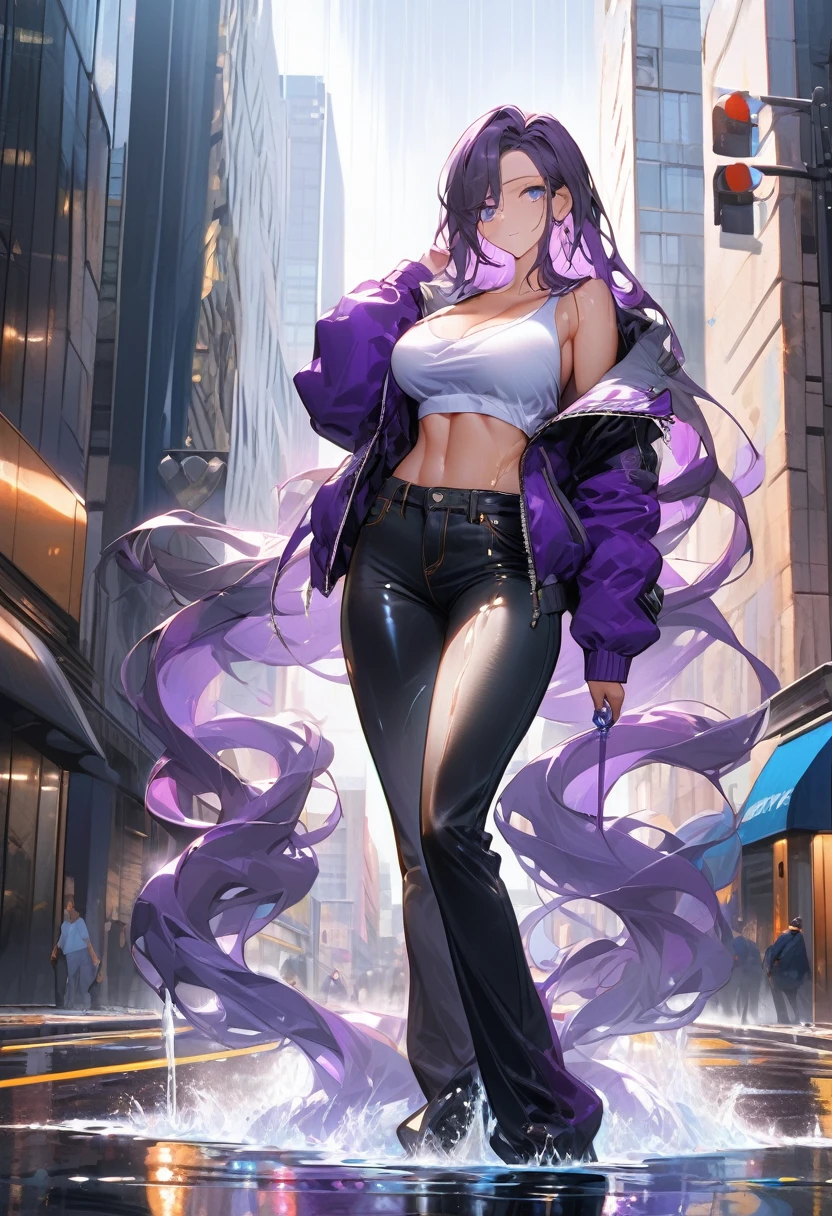 (masterpiece:1.37), best quality, (extremely detailed:1.37), woman, (very long hair:1.5), dark purple hair, purple eyes, (extremely detailed eyes:1.37), (wetting self:1.25), large breasts, stylish jacket, multicolored jackt, jeans, cleavage, navel, city, high-tech, street, full body