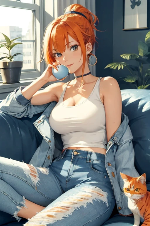 25-year-old anime girl in a white tank top, tight blue jeans and a short denim jacket in a landscape of a luxurious apartment with an orange cat on her lap and night view with a cup of tea in hand and playing with a ball of wool and a plant in the corner