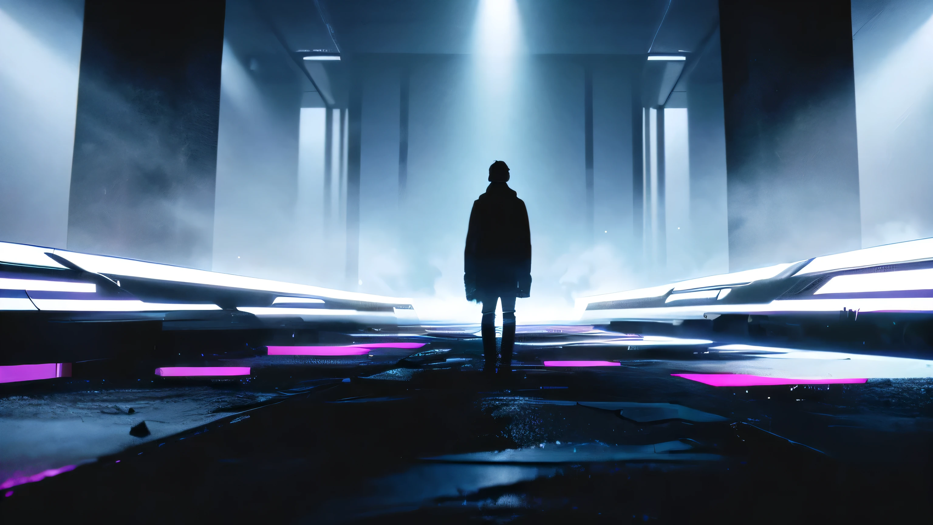 environment inspired by Eric Prydz Opus live visuals, dark low lying fog, high contrast