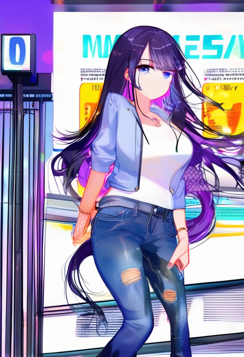 (masterpiece:1.37), best quality, (extremely detailed:1.37), woman, (very long hair:1.5), dark purple hair, purple eyes, (extremely detailed eyes:1.37), (wetting self:1.25), large breasts, stylish jacket, multicolored jackt, jeans, cleavage, navel, city, high-tech, street, full body