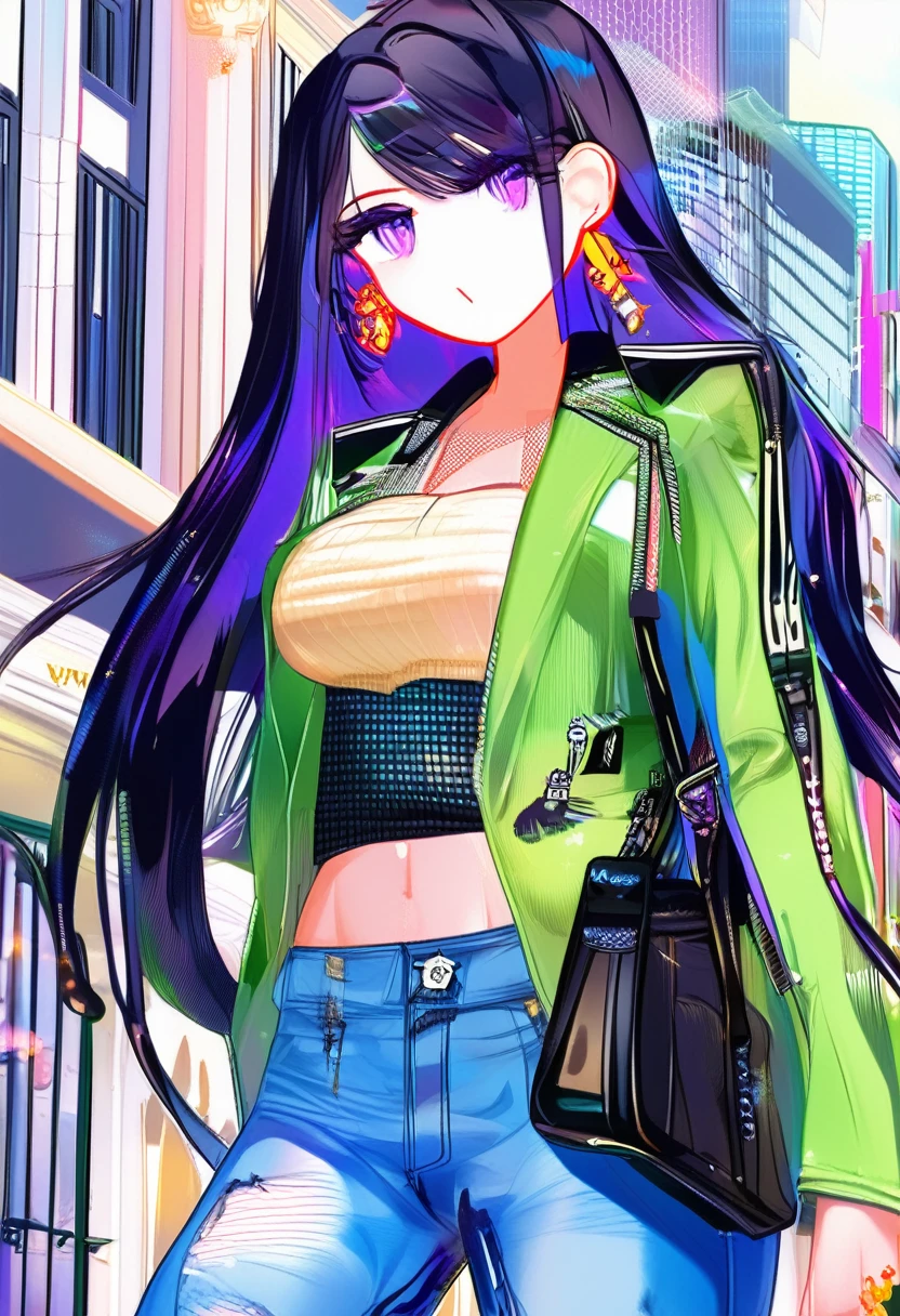 (masterpiece:1.37), best quality, (extremely detailed:1.37), woman, (very long hair:1.5), dark purple hair, purple eyes, (extremely detailed eyes:1.37), (wetting self:1.25), large breasts, stylish jacket, multicolored jackt, jeans, cleavage, navel, city, high-tech, street, full body