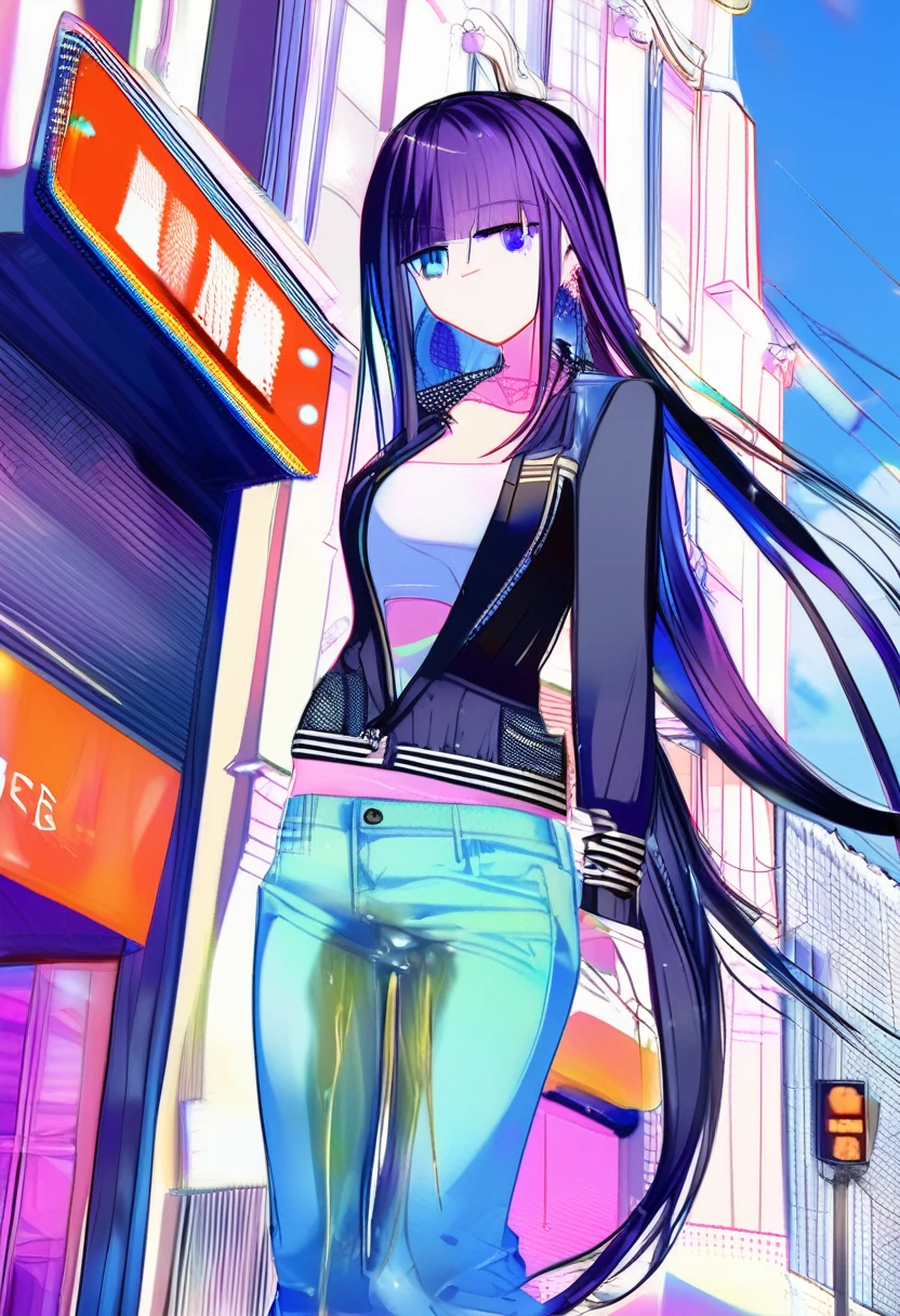 (masterpiece:1.37), best quality, (extremely detailed:1.37), woman, (very long hair:1.5), dark purple hair, purple eyes, (extremely detailed eyes:1.37), (wetting self:1.25), large breasts, stylish jacket, multicolored jackt, jeans, cleavage, navel, city, high-tech, street, full body