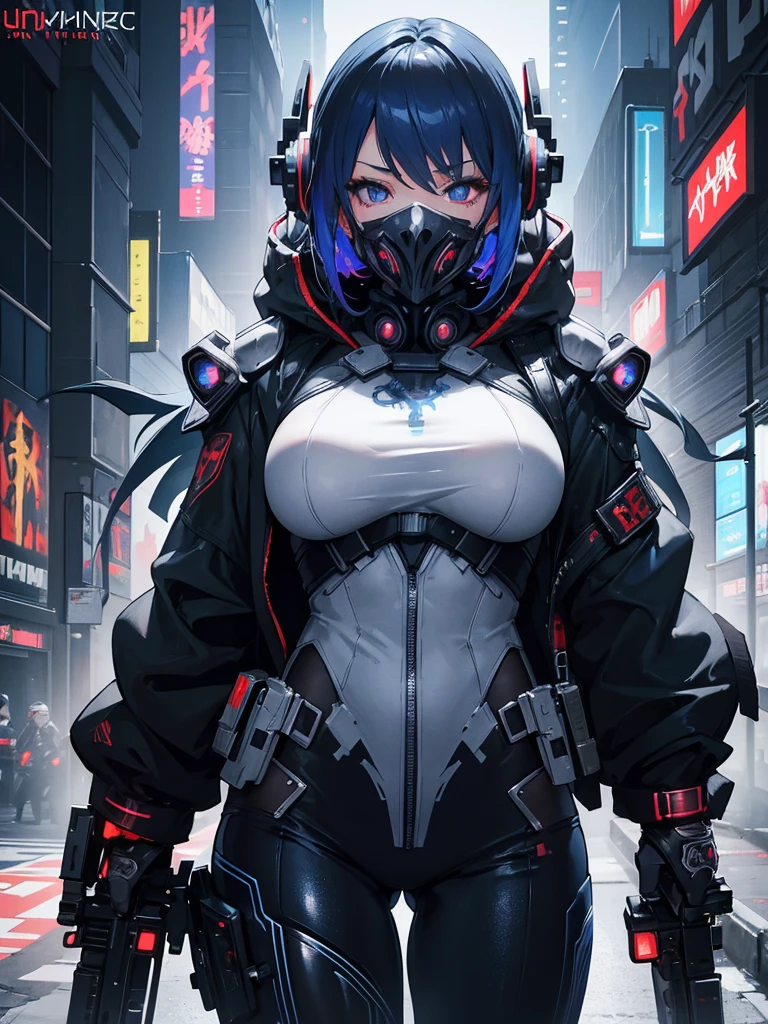 a beautiful detailed anime girl, sexy urban futuristic outfit, subzero mortal kombat mask covering mouth, submachine gun on back, masterpiece, 8k, ultra-detailed, photorealistic, intricate details, dramatic lighting, vibrant colors, cinematic composition, cyberpunk, science fiction, concept art style