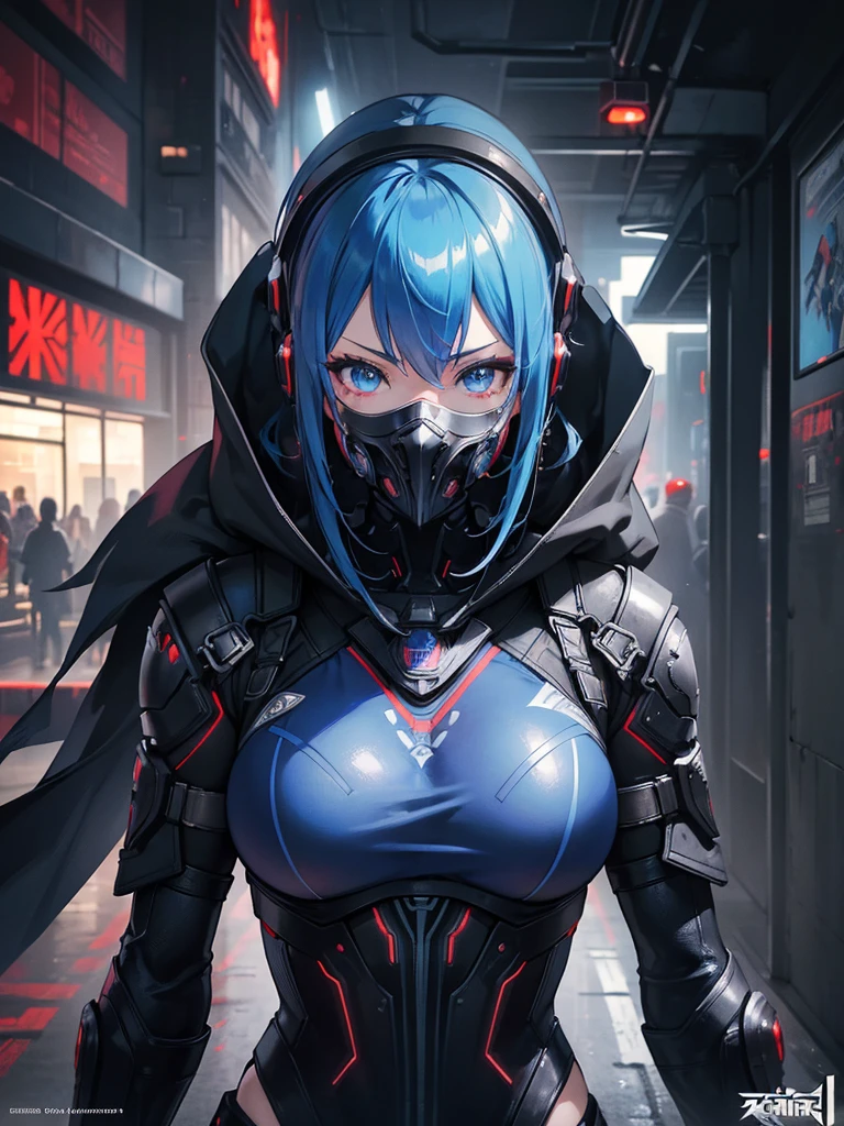 a beautiful detailed anime girl, sexy urban futuristic outfit, subzero mortal kombat mask covering mouth, submachine gun on back, masterpiece, 8k, ultra-detailed, photorealistic, intricate details, dramatic lighting, vibrant colors, cinematic composition, cyberpunk, science fiction, concept art style