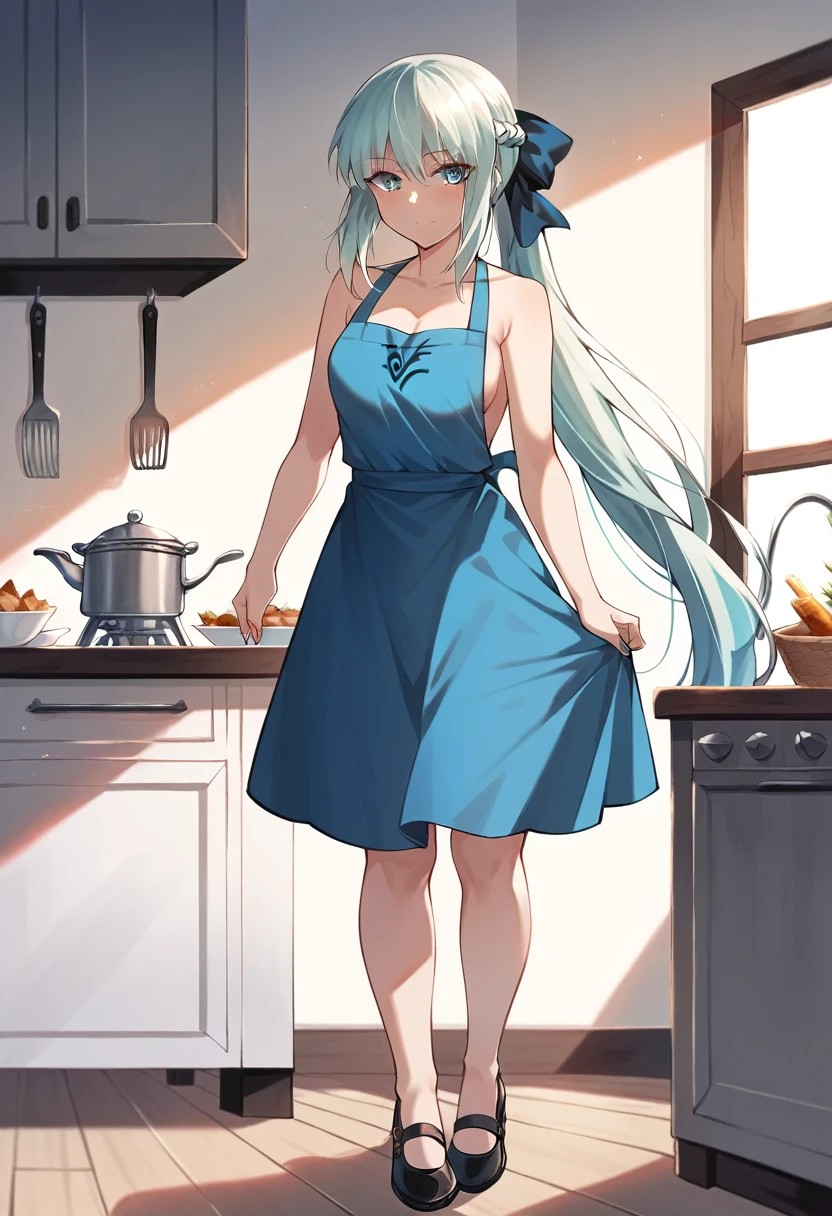 best quality, masterpiece, anime girl , young girl, 24 years old, thick legs , 1girl, tall girl, bangs,long hair, cute face, perfect shot, perfect anatomy, kitchen apron, bare arms, bare legs , white background, full body, solo girl, 4k, high resolution , detailed face, detailed eyes, morgan le fay, fate grand order, standing, illustration, digital art, nude