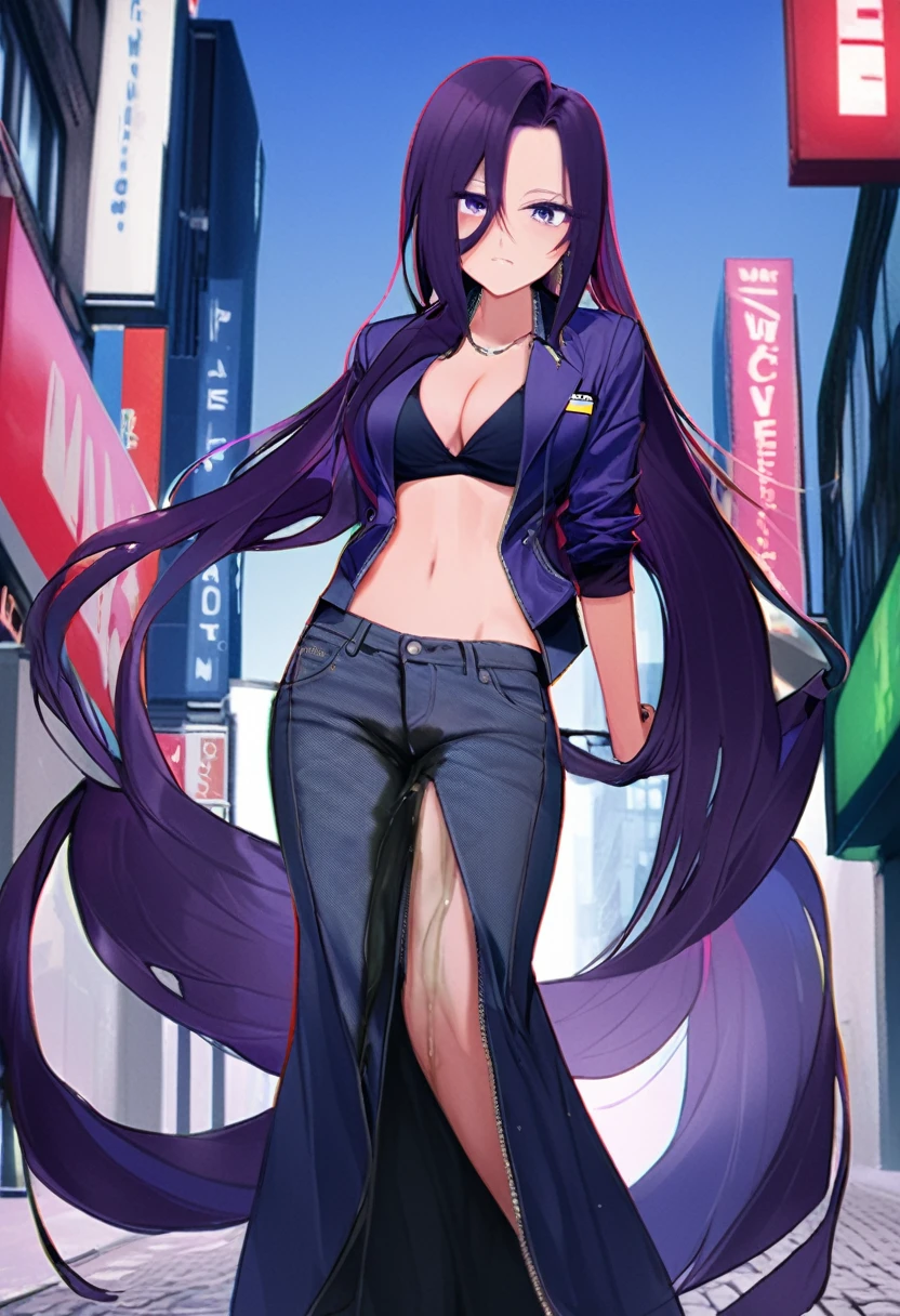 (masterpiece:1.37), best quality, (extremely detailed:1.37), woman, (very long hair:1.5), dark purple hair, purple eyes, (extremely detailed eyes:1.37), (wetting self:1.25), large breasts, stylish jacket, multicolored jackt, jeans, cleavage, navel, city, high-tech, street, full body