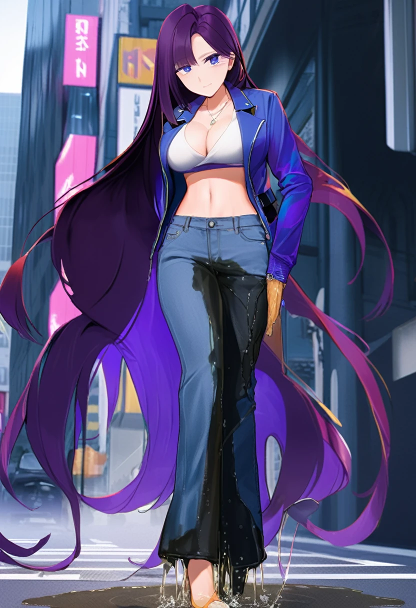 (masterpiece:1.37), best quality, (extremely detailed:1.37), woman, (very long hair:1.5), dark purple hair, purple eyes, (extremely detailed eyes:1.37), (wetting self:1.25), large breasts, stylish jacket, multicolored jackt, jeans, cleavage, navel, city, high-tech, street, full body