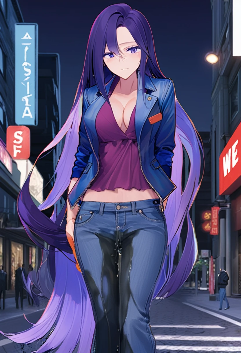 (masterpiece:1.37), best quality, (extremely detailed:1.37), woman, (very long hair:1.5), dark purple hair, purple eyes, (extremely detailed eyes:1.37), (wetting self:1.25), large , stylish jacket, multicolored jackt, jeans, cleavag, city, high-tech, street, full body