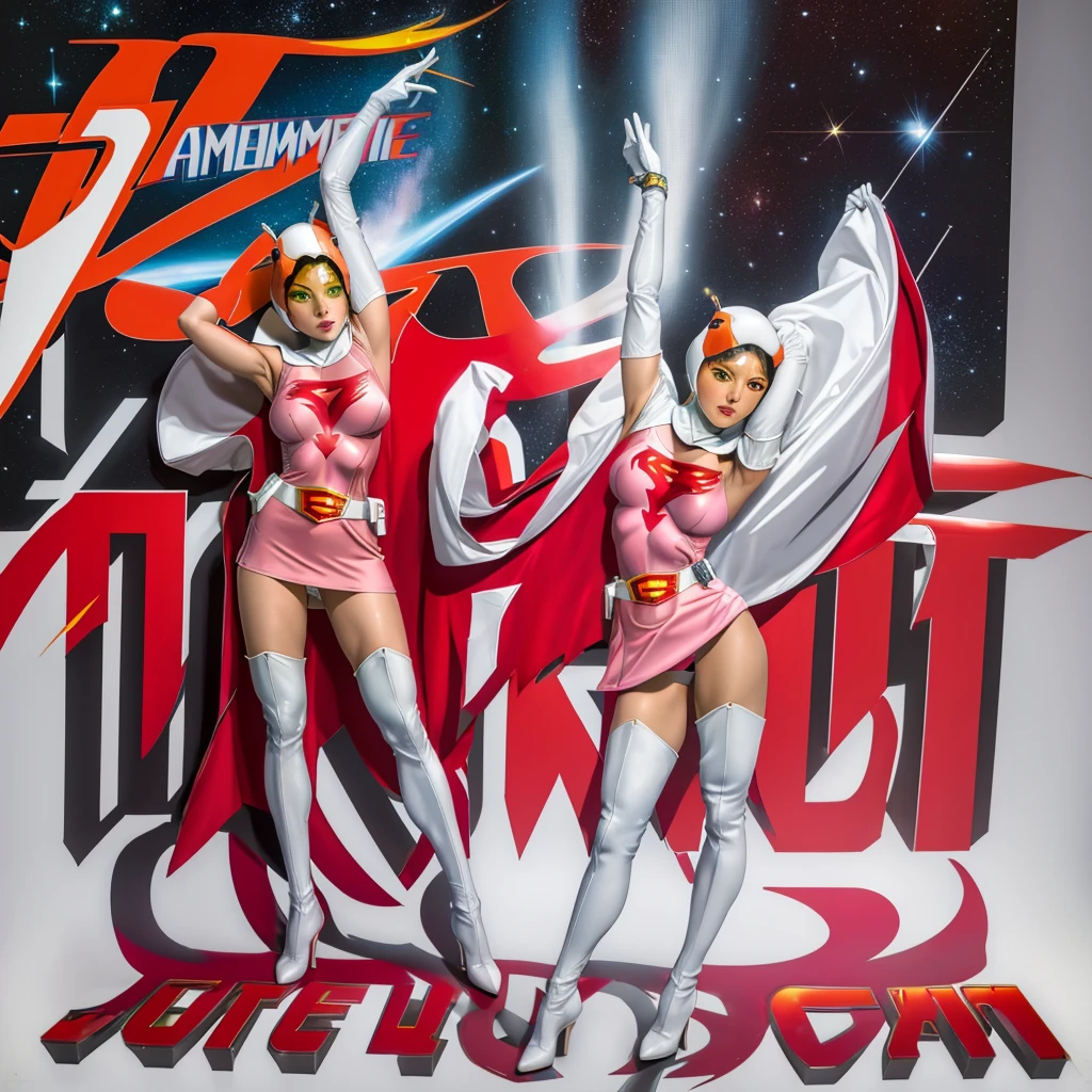 ANI_CLASSIC_jun_gatchaman_ownwaifu,1girl, ,good anatomy, masterpiece, best quality,realistic, hyperrealistic, 16k hdr,breasts,green eyes,lips,large breasts,lipstick,makeup,gloves,cape,helmet,belt,elbow gloves,white gloves,mask,ultra miniskirt,leotard,spacesuit,white tight overknee highheels boots,pink dress,superhero,bodysuit,cleavage,erected nipples,((standing pose,spread legs, arms up straight)),cameltoe
