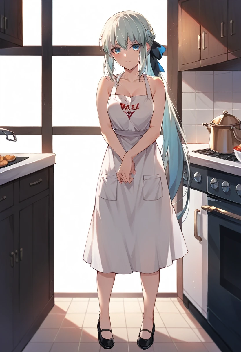 best quality, masterpiece, anime girl , young girl, 24 years old, thick legs , 1girl, tall girl, bangs,long hair, cute face, perfect shot, perfect anatomy, kitchen apron, bare arms, bare legs , white background, full body, solo girl, 4k, high resolution , detailed face, detailed eyes, morgan le fay, fate grand order, standing, illustration, digital art, nude