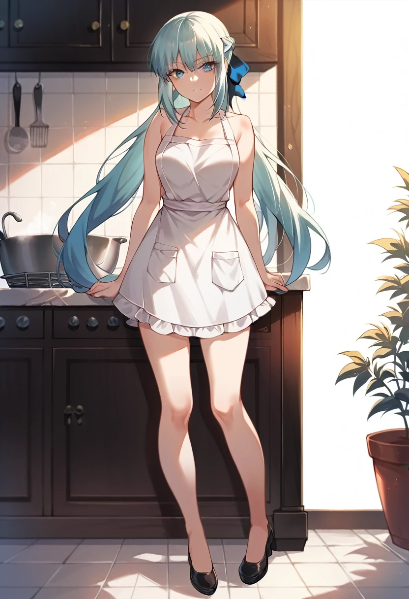 best quality, masterpiece, anime girl , young girl, 24 years old, thick legs , 1girl, tall girl, bangs,long hair, cute face, perfect shot, perfect anatomy, kitchen apron, bare arms, bare legs , white background, full body, solo girl, 4k, high resolution , detailed face, detailed eyes, morgan le fay, fate grand order, standing, illustration, digital art, nude