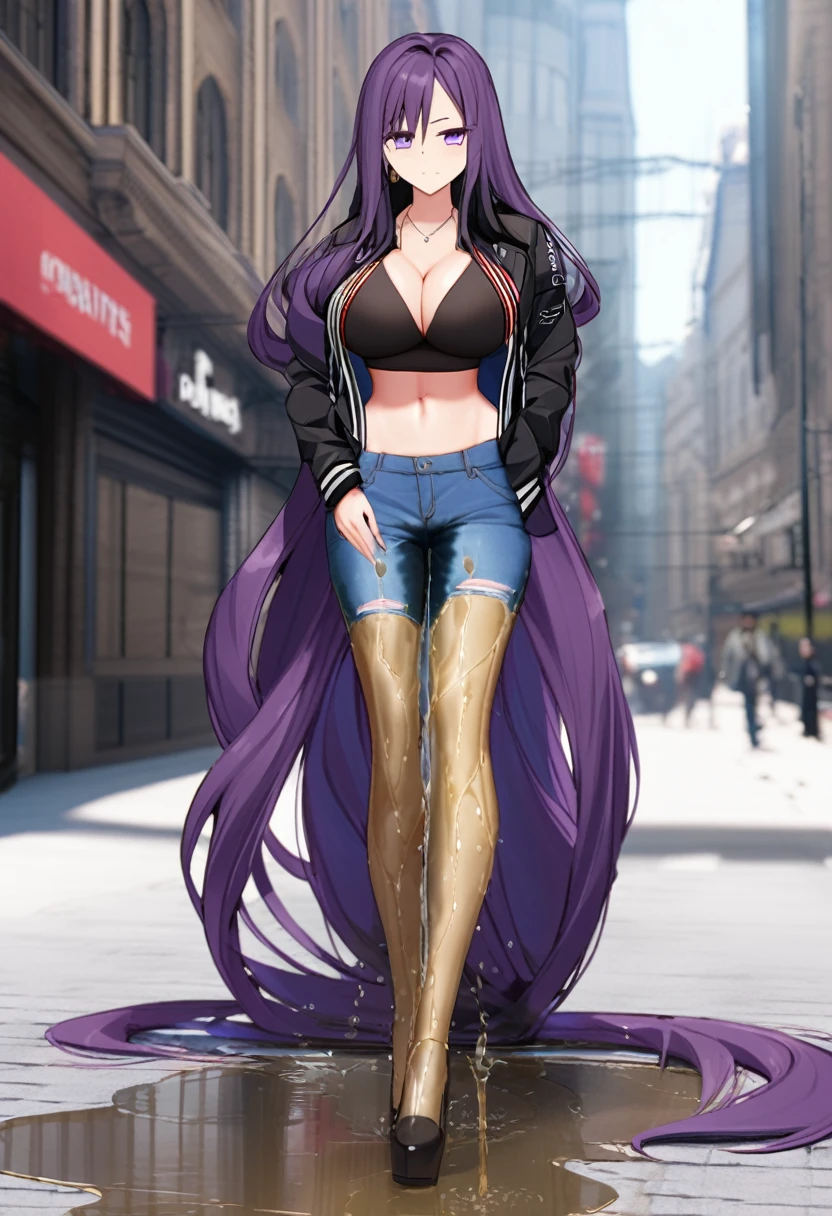 (masterpiece:1.37), best quality, (extremely detailed:1.37), woman, (very long hair:1.5), dark purple hair, purple eyes, (extremely detailed eyes:1.37), (wetting self:1.25), large breasts, stylish jacket, multicolored jackt, jeans, cleavage, navel, city, high-tech, street, full body