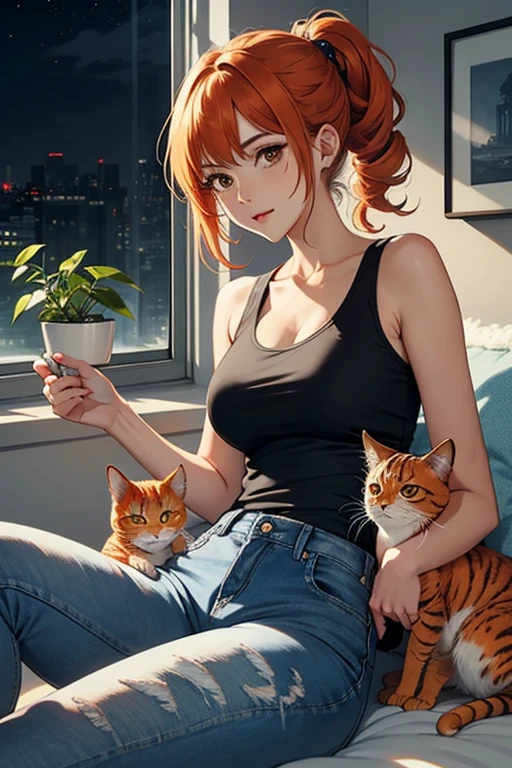 25-year-old anime girl in a white tank top, tight blue jeans and a short denim jacket in a landscape of a luxurious apartment with an orange cat on her lap and night view with a cup of tea in hand and playing with a ball of wool and a plant in the corner
