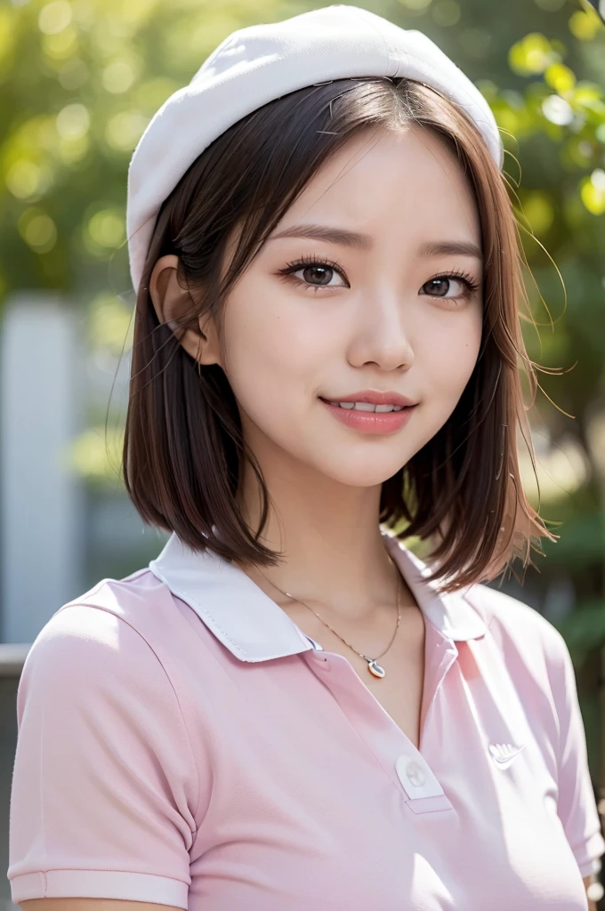 Realistic, masterpiece, Highest quality, Dark grey blank background, Drawn from the waist up(1girl:1.3),  (Beautiful eyes drawn in detail, Long, narrow eyes, Dark Eyes), (Thin eyebrows), (Delicate eyelashes, Long eyelashes, Eyelash extensions), (Hidden eyelid wrinkles:1.3), Make-up for a date, (Blonde, short hair, middle part:1.3), Smiling happily with eyes closed, I can see some teeth, pink nike polo shirt, White cap