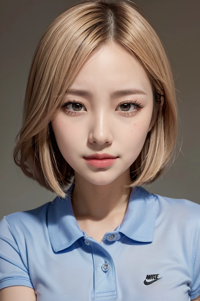Realistic, masterpiece, Highest quality, Dark grey blank background, Drawn from the waist up(1girl:1.3), (Beautiful eyes drawn in detail, Long, narrow eyes, Dark Eyes), (Thin eyebrows), (Delicate eyelashes, Long eyelashes, Eyelash extensions), (Hidden eyelid wrinkles:1.3), Make-up for a date, (Blonde, short hair, middle part:1.3), Smiling happily with eyes closed, I can see some teeth, pink nike polo shirt, White cap