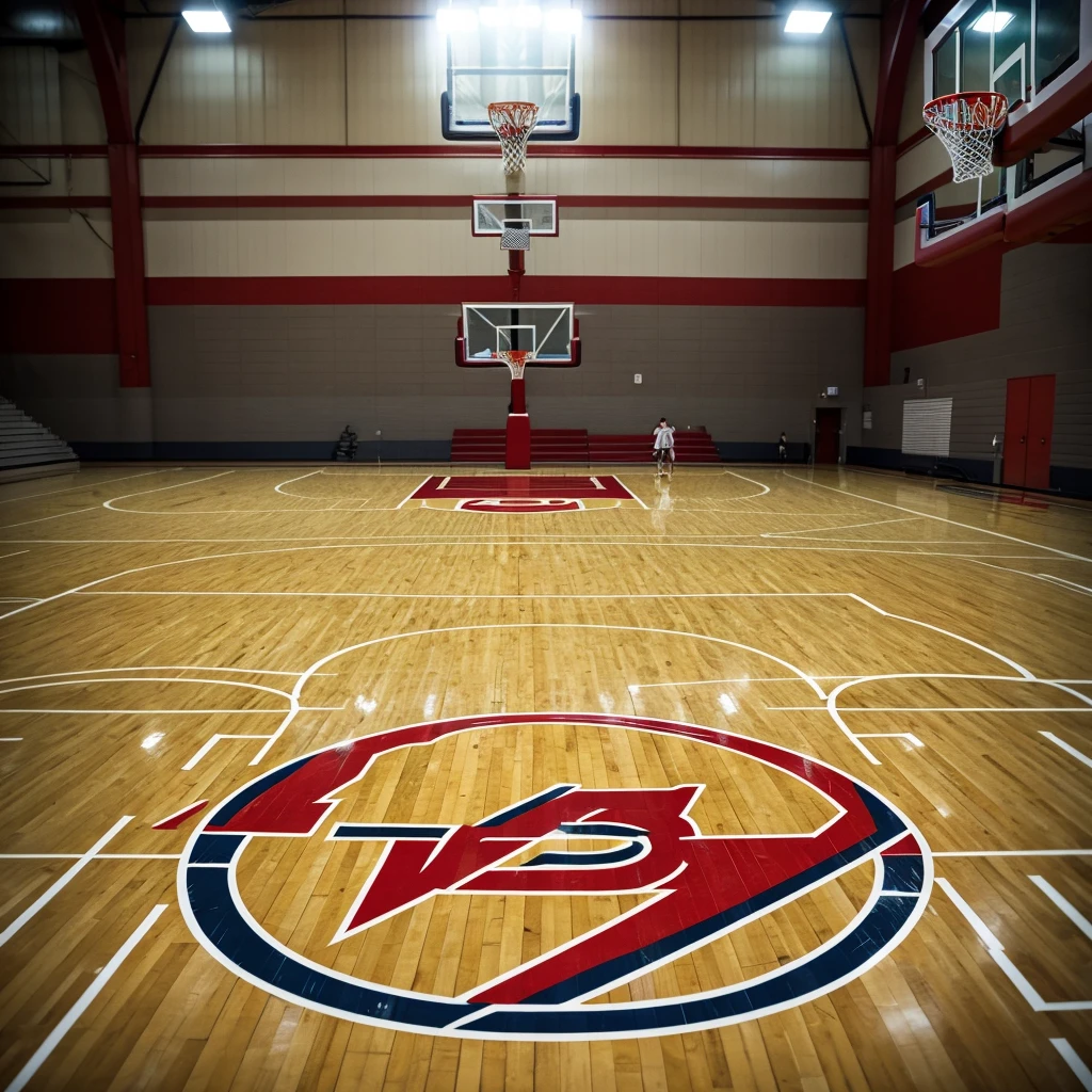 a beautiful school basketball court, red details, "Woodsboro" team name on the floor, realistic, detailed, high quality, 4k, masterpiece, ultra-detailed, photorealistic, sharp focus, physically-based rendering, professional, vivid colors, HDR, UHD, studio lighting, extreme detail
