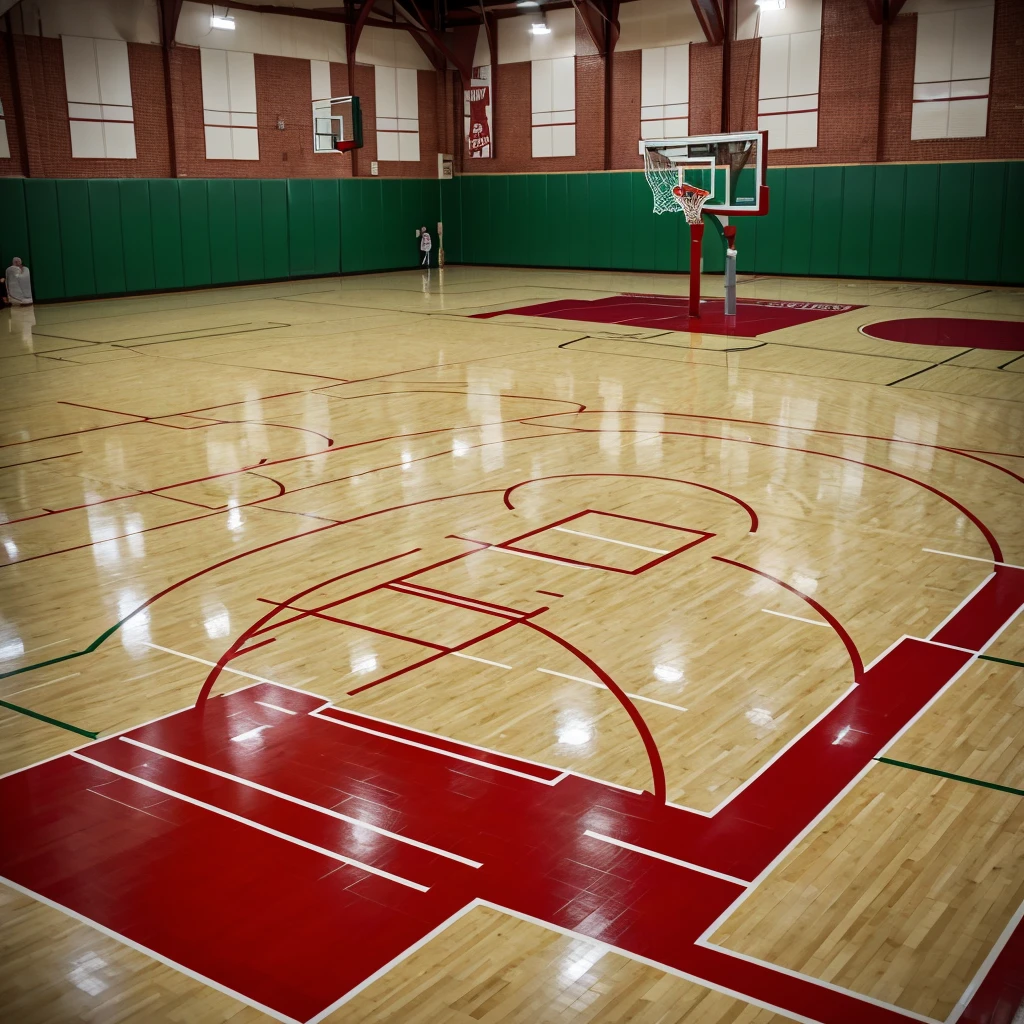 a beautiful school basketball court, red details, "Woodsboro" team name on the floor, realistic, detailed, high quality, 4k, masterpiece, ultra-detailed, photorealistic, sharp focus, physically-based rendering, professional, vivid colors, HDR, UHD, studio lighting, extreme detail