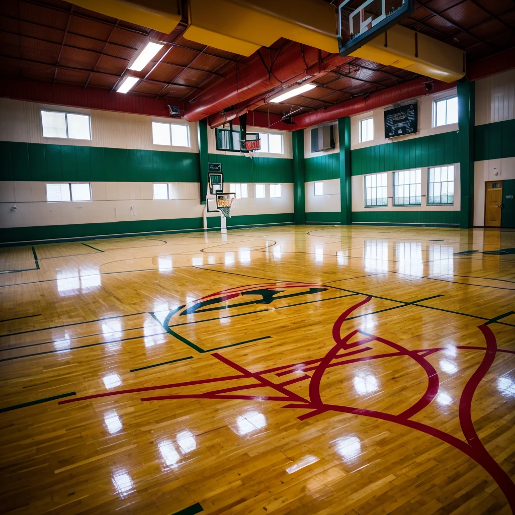 a beautiful school basketball court, red details, "Woodsboro" team name on the floor, realistic, detailed, high quality, 4k, masterpiece, ultra-detailed, photorealistic, sharp focus, physically-based rendering, professional, vivid colors, HDR, UHD, studio lighting, extreme detail